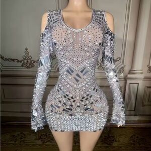 Elegant Silver Long Sleeve Embellished Dress